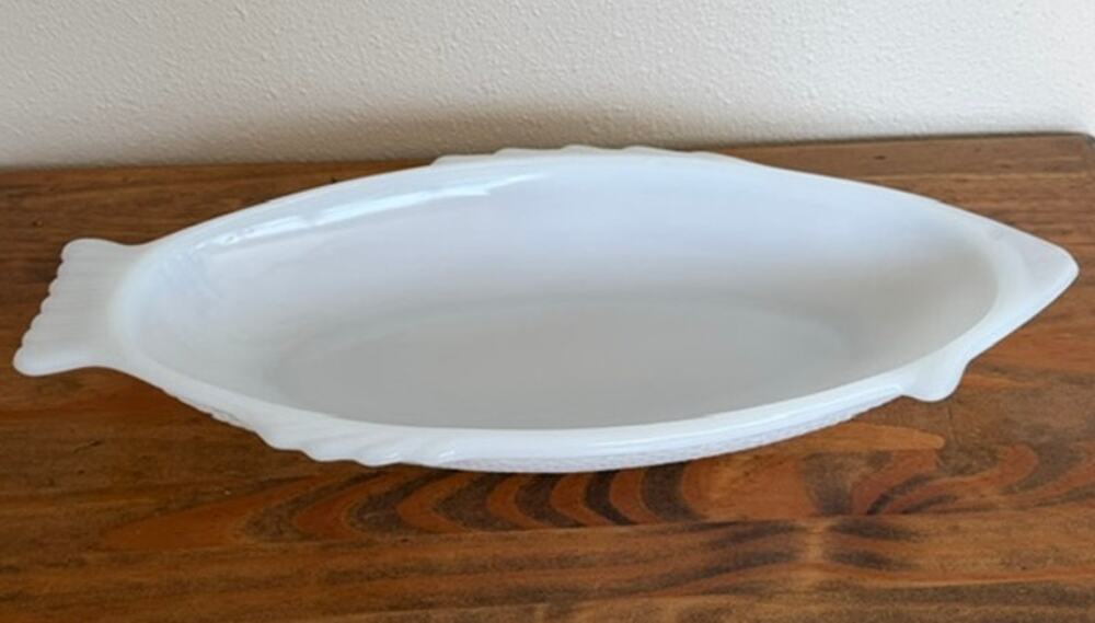 Glasbake Milk Glass Fish Serving Dish Platter Vintage